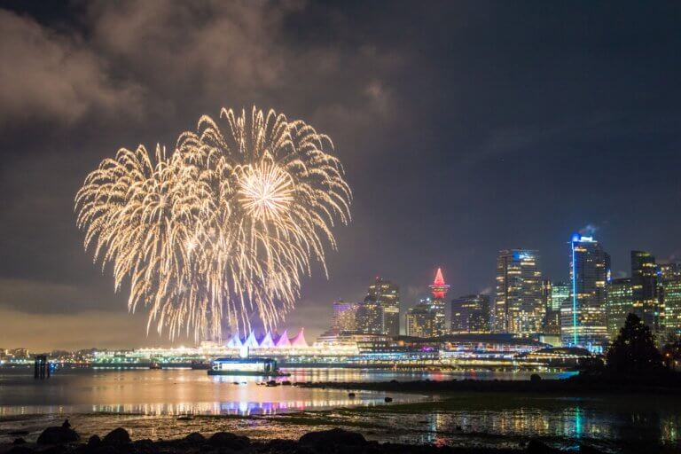 new years fireworks over Canada Place in Vancouver downtown L